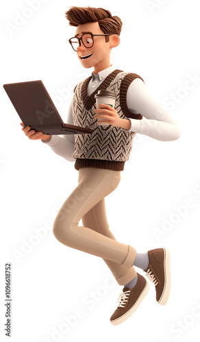 Young Man Working on Laptop with Coffee  
