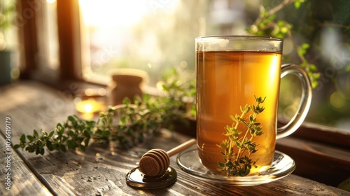 A cup of herbal tea with honey and thyme sprigs sits on a wooden table by a window with warm sunlight streaming through.