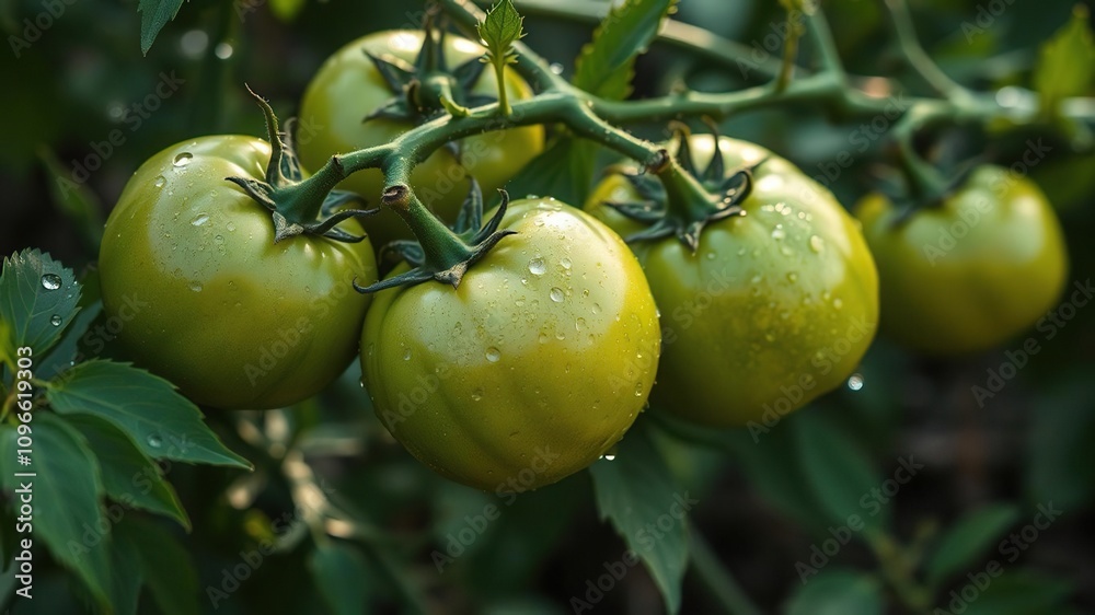 Green tomatoes ripening on the vine with dew drops glistening in the morning light, vegetables, summer harvest, green tomatoes Green tomatoes ripening on the vine with dew drops glistening in the morning light, vegetables, summer harvest, green tomatoes