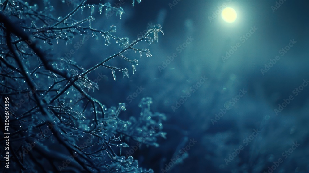 Icy tree branches illuminated by moonlight at night. Icy tree branches illuminated by moonlight at night.