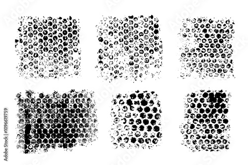 Acrylic paint print of bubble wrap with smeared uneven paint and jagged edges. Design for texture brushes, abstract design, ornament, pattern on white isolated background.