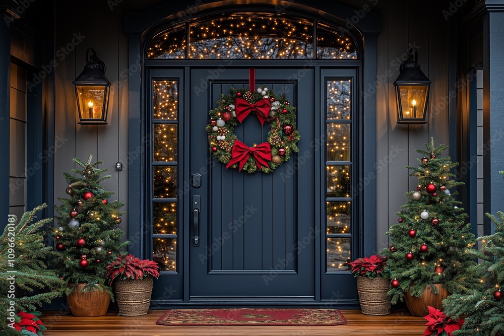 Christmas decorations on the front door of a house with a black wooden closed entrance framed by lush greenery and Christmas trees, red bow, and a lantern light on a cozy home decorated for a New Year Christmas decorations on the front door of a house with a black wooden closed entrance framed by lush greenery and Christmas trees, red bow, and a lantern light on a cozy home decorated for a New Year