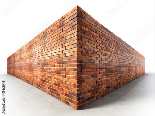 Abstract Perspective of an Isolated Oblique Brick Wall on a White Background, Showcasing Depth and Texture in a Minimalist Style