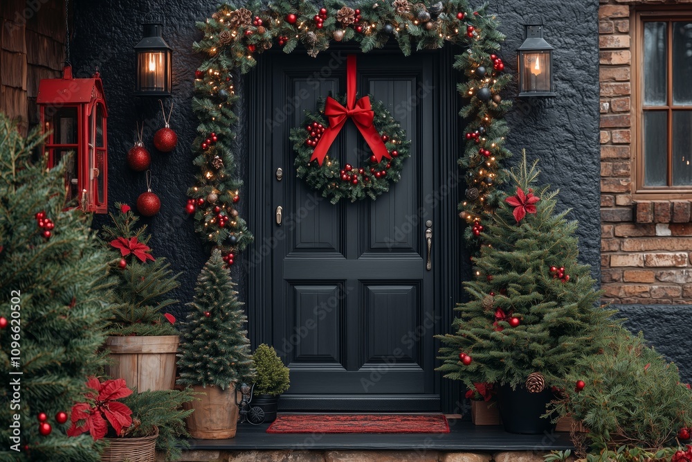 Christmas decorations on the front door of a house with a black wooden closed entrance framed by lush greenery and Christmas trees, red bow, and a lantern light on a cozy home decorated for a New Year Christmas decorations on the front door of a house with a black wooden closed entrance framed by lush greenery and Christmas trees, red bow, and a lantern light on a cozy home decorated for a New Year