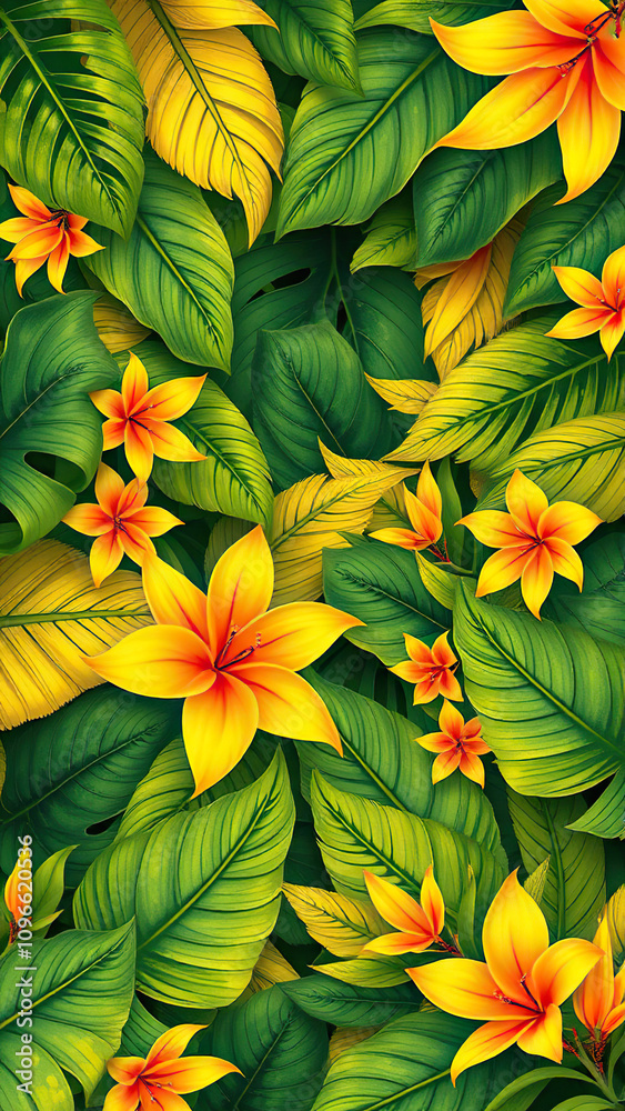 Tropical leaf and flower pattern in yellow and green hues, lush vegetation, seamless texture Tropical leaf and flower pattern in yellow and green hues, lush vegetation, seamless texture