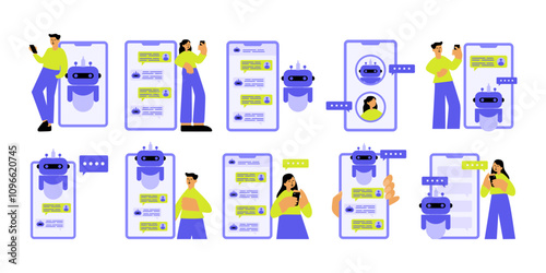 Chatbot assistant flat illustration set. Includes of chat automation, intelligent bot, virtual assistant, and support bot. Vector illustration isolated transparent background