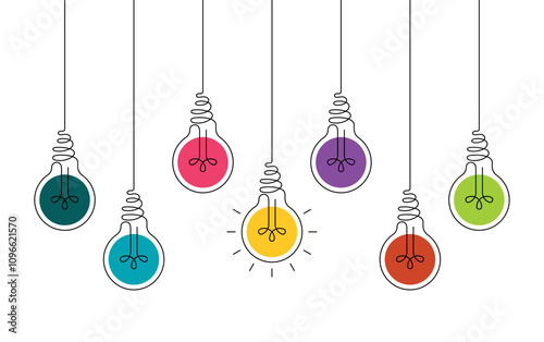 Hanging light bulbs with one glowing on white background. Continuous line drawing light bulb. Concept of idea
