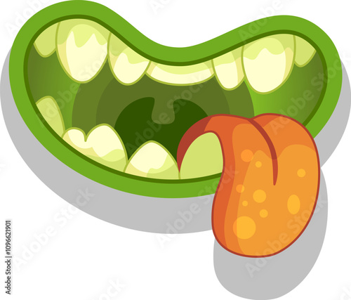 Cartoon illustration of a scary green monster mouth with sharp teeth and a long orange tongue sticking out, ideal for halloween projects
