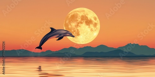 A dolphin leaps gracefully against a stunning sunset backdrop, featuring a large, glowing moon and silhouetted mountains in the distance.