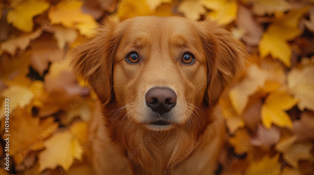 Autumn romantic moments golden retriever surrounded by colorful leaves in a tranquil outdoor setting capturing nature's beauty