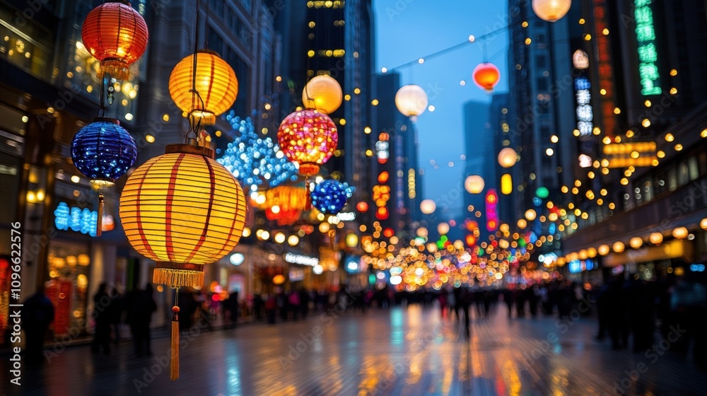 Glowing Lanterns Light Up a Vibrant Street Scene Glowing Lanterns Light Up a Vibrant Street Scene