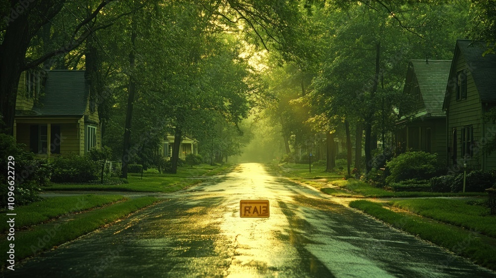 Fototapeta premium Serene Suburban Street After Rain