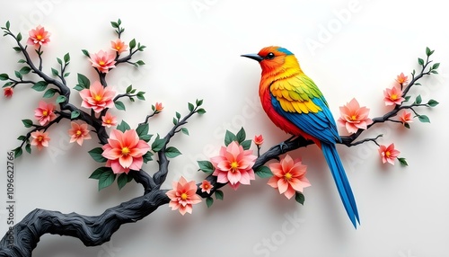 Colorful kirigami Art bird and the tree branch adorned with vibrant blooming flowers 3D art