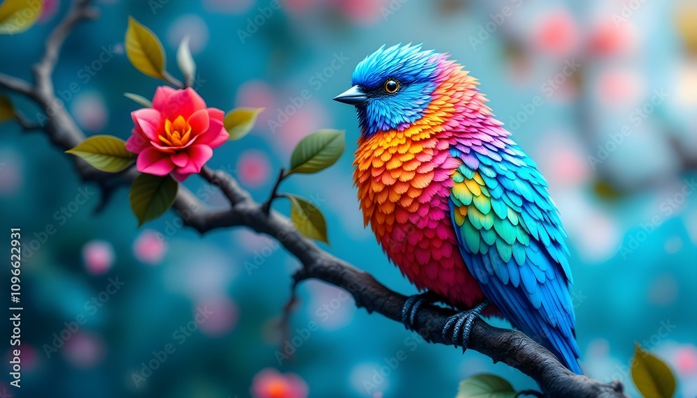 Colorful kirigami Art bird and the tree branch adorned with vibrant blooming flowers 3D art Colorful kirigami Art bird and the tree branch adorned with vibrant blooming flowers 3D art