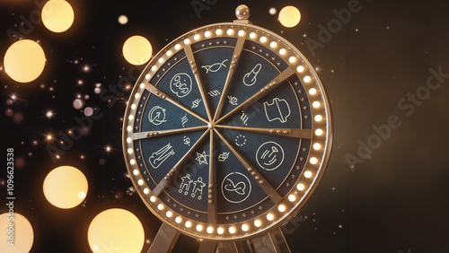 A radiant golden wheel with illuminated symbols spins under soft glowing lights, symbolizing fate, decisions, and the endless possibilities of life.