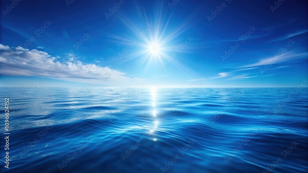 Obraz premium A serene seascape featuring a brilliant sun shining through wispy clouds, casting shimmering reflections on the gently rippling ocean surface.