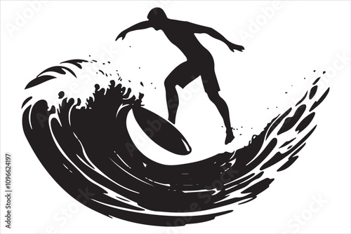 Silhouette of a Surfer Riding a Wave on a Surfboard
