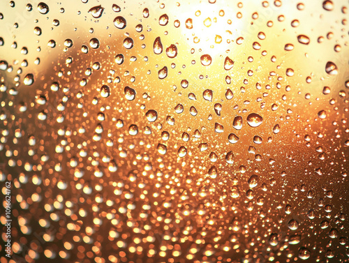 Golden light refracting through droplets on a glass surface.