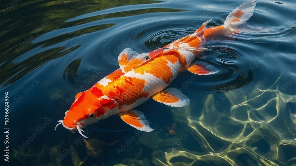 Bright orange and white koi fish swimming in clear pond water with sunlight reflections. Nature and aquatic life concept. Bright orange and white koi fish swimming in clear pond water with sunlight reflections. Nature and aquatic life concept.