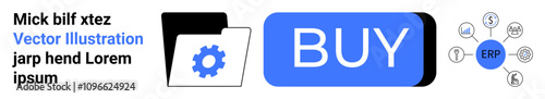 Folder with gear, blue BUY button, and ERP with surrounding icons. Ideal for business, management, integration, purchasing, information systems, organization, and technology landing page