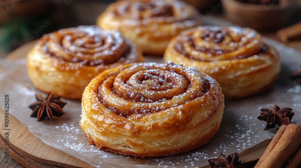Close-up of delectable cinnamon rolls, dusted with powdered sugar, showcasing the artistry of a bakery. A perfect treat for any occasion. Close-up of delectable cinnamon rolls, dusted with powdered sugar, showcasing the artistry of a bakery. A perfect treat for any occasion.