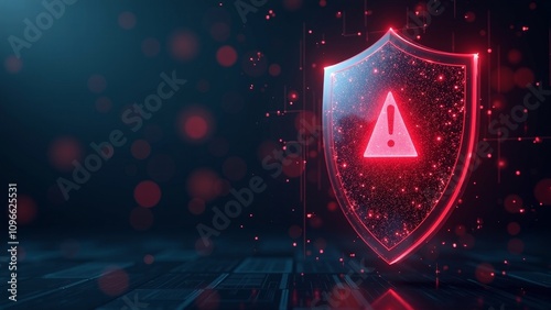 Futuristic holographic shield with red alert icon on dark background, depicting threat detection technology