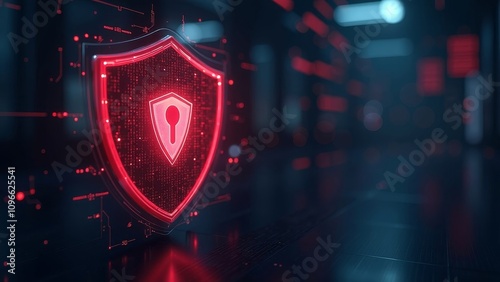 Red alert icon on holographic shield in futuristic setting, symbolizing digital security and threat detection