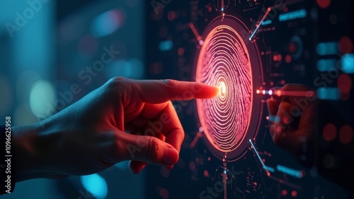 User placing finger on futuristic biometric security scanner in a high-tech environment