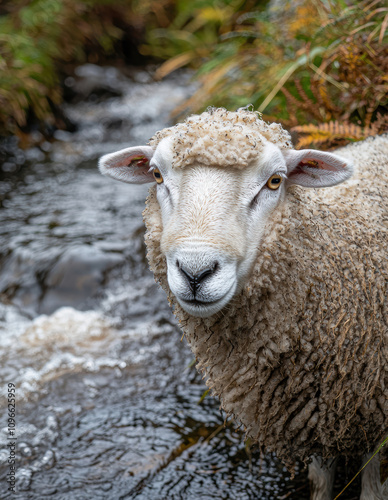 Sheep by a flowing stream in autumn, framed by vibrant golden leaves and nature's beauty.