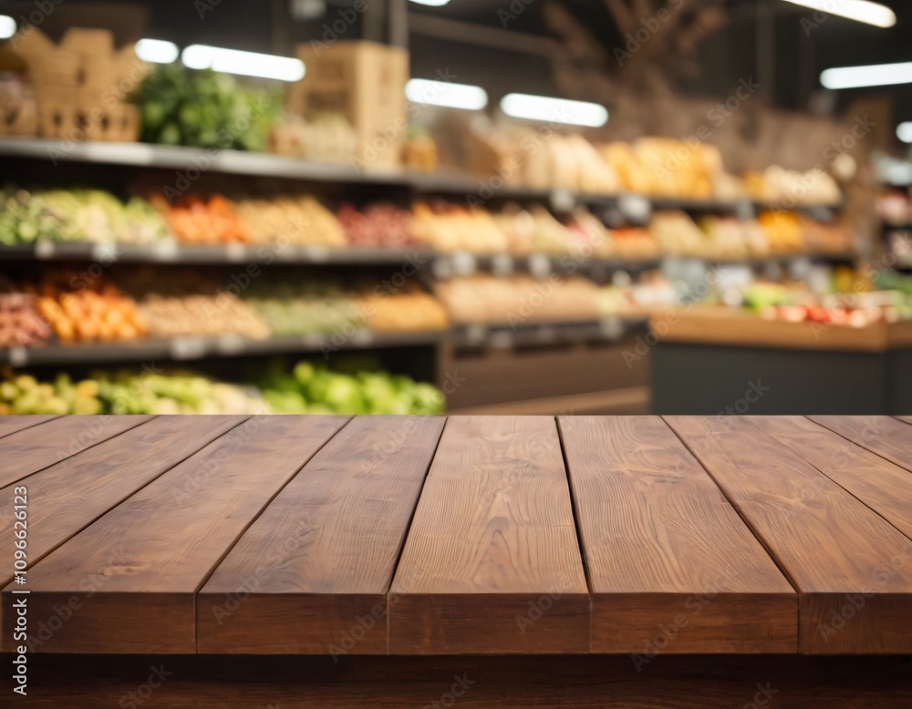 Empty wood table top with supermarket blurred background for product display Empty wood table top with supermarket blurred background for product display