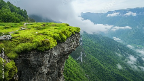 Mossy cliff edge overlooking misty green valley.