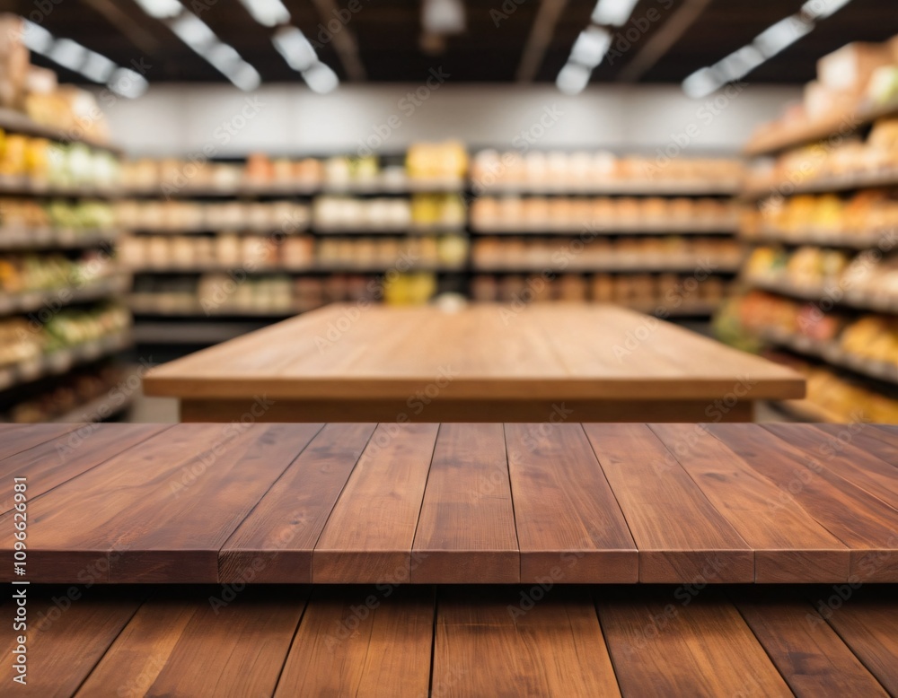 Empty wood table top with supermarket blurred background for product display Empty wood table top with supermarket blurred background for product display