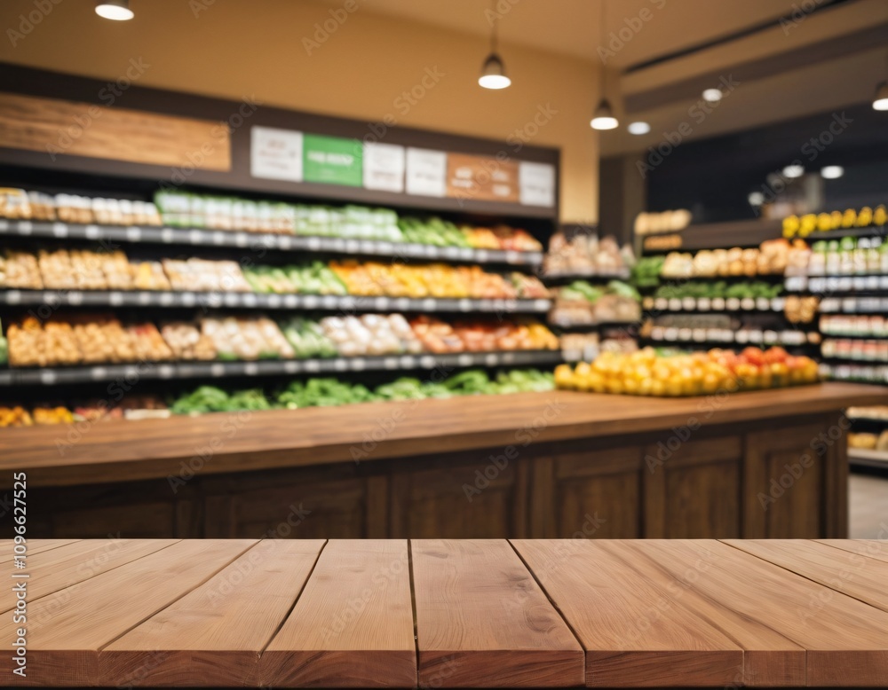 Empty wood table top with supermarket blurred background for product display Empty wood table top with supermarket blurred background for product display