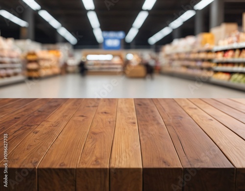 Empty wood table top with supermarket blurred background for product display