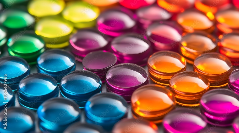 Macro shot of bright plastic pellets, their smooth surfaces arranged into small, neat piles, with light reflecting off each shiny pellet to create vibrant color contrasts.