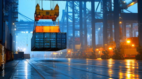 Wallpaper Mural Cargo Crane Lifts Container at Night in Port Torontodigital.ca