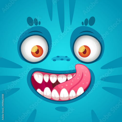 Cartoon illustration of a funny blue monster face with big eyes, sticking its tongue out, perfect for halloween or kids projects
