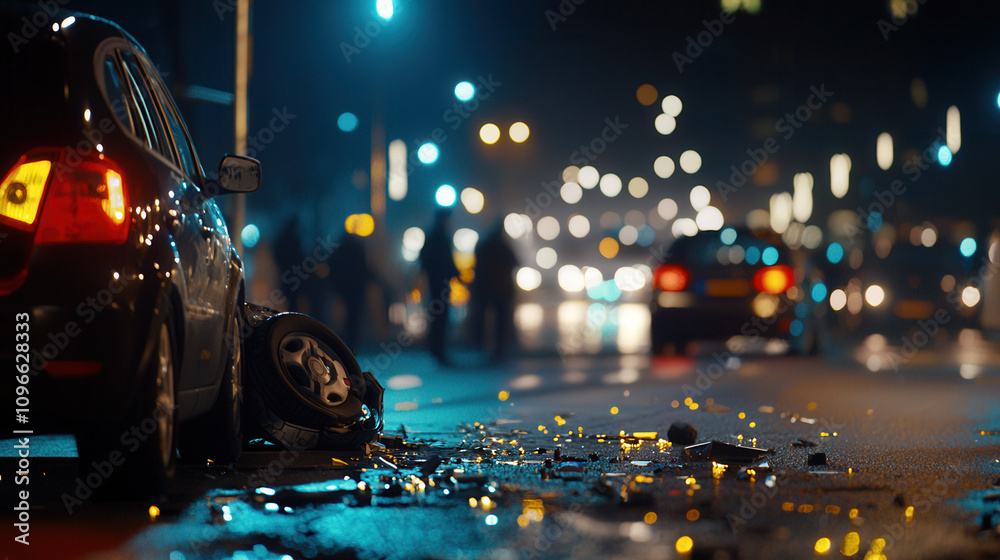 nighttime scene depicting vehicle collision with debris scattered on road, highlighting aftermath of accident. Emergency responders are present, creating tense atmosphere nighttime scene depicting vehicle collision with debris scattered on road, highlighting aftermath of accident. Emergency responders are present, creating tense atmosphere