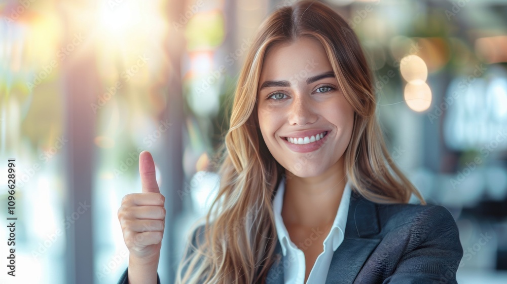 Smiling young businesswoman giving two thumbs up in a formal suit, standing in a bright and professional office environment. Smiling young businesswoman giving two thumbs up in a formal suit, standing in a bright and professional office environment.