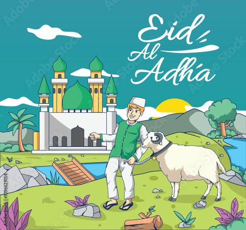 Vector hand drawn people celebrating eid aladha illustration. Eid aladha illsutration background
