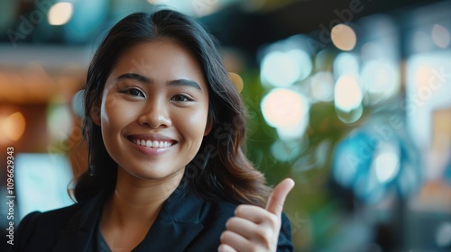 Smiling young businesswoman giving two thumbs up in a formal suit, standing in a bright and professional office environment.