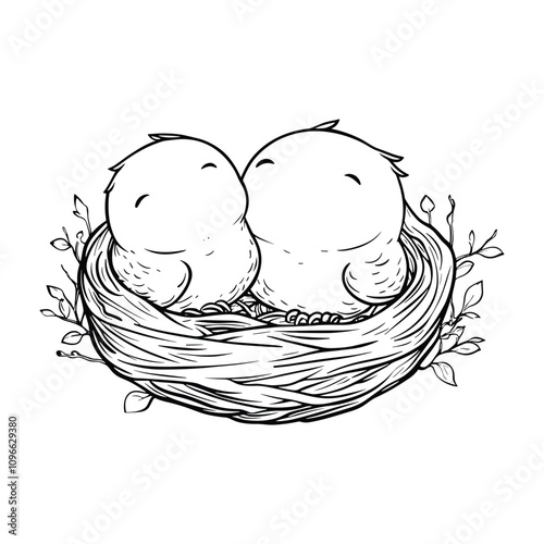 Detailed Sketch of a Bird Nest with Eggs