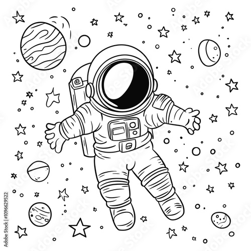 Astronaut Floating in Space with Planets and Stars