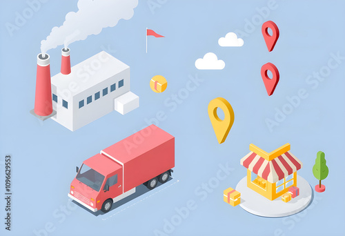 truck shop illustration with a location pin marker