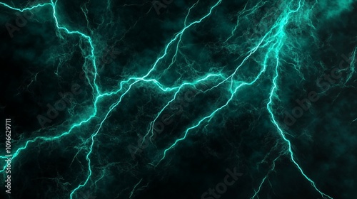 A powerful abstract image of bright green lightning bolts cracking across a dark, stormy background, radiating intense energy and creating a dramatic visual impact