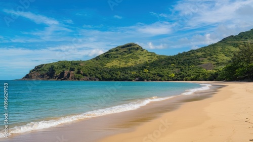 Serene beach with soft white sand, calm turquoise water, and a peaceful sky during a tranquil day by the sea.