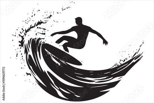 Silhouette of a Surfer Riding a Wave on a Surfboard
