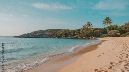 Serene beach with soft white sand, calm turquoise water, and a peaceful sky during a tranquil day by the sea.