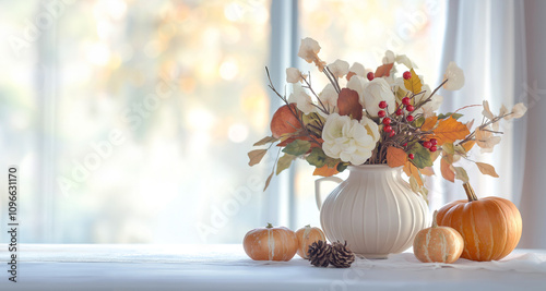 Elegant Autumn Floral Arrangement with Pumpkins on Bright Table