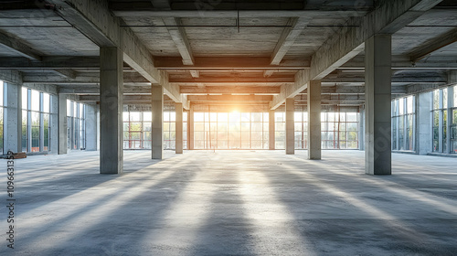 Sunlit Concrete Structure: Vast Empty Interior with Large Windows and Concrete Pillars, Industrial Building Under Construction